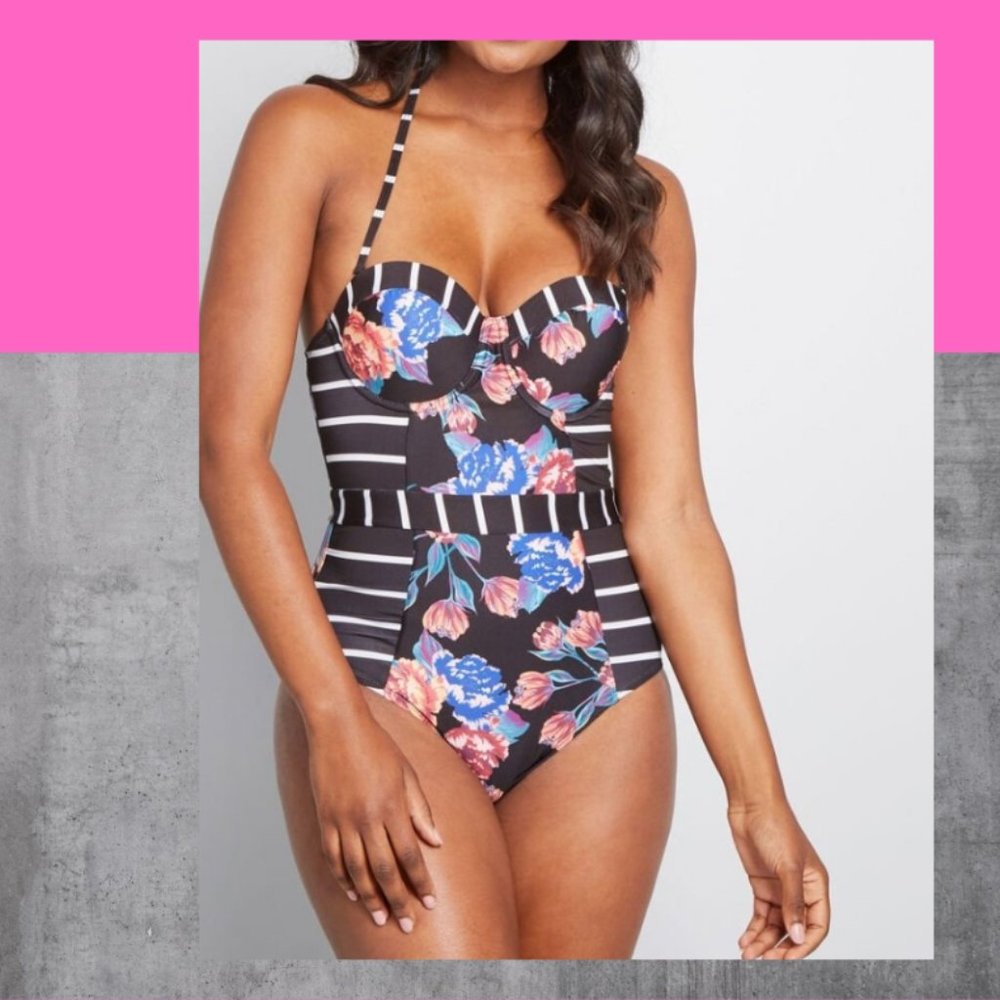 New ModCloth Black Floral Swimsuit